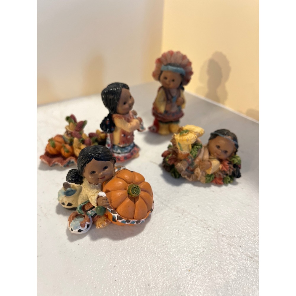 Vintage Harvest Indigenous Children Resin Figurines Set of 4 Thanksgiving Decor